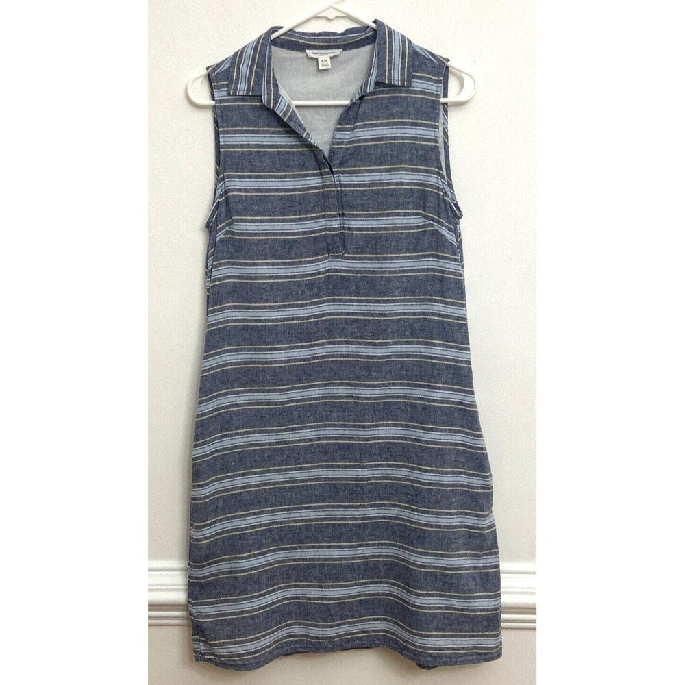 Beach Lunch Lounge Shirt Dress S/P Linen Cotton Lined V Neck Blue Stripe Pockets